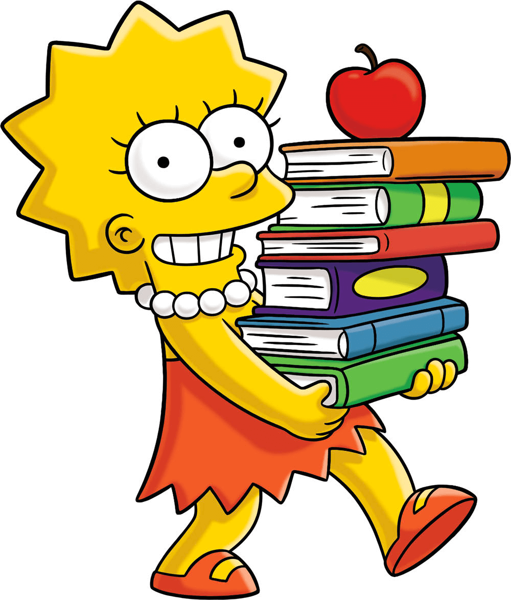 Picture of cartoon charactor Lisa Simpson carrying a pile of books